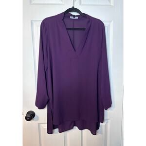 Eloquii Tunic Top Purple Long Sleeves Plunging V-Neck Flowy Hem Side Slits 16